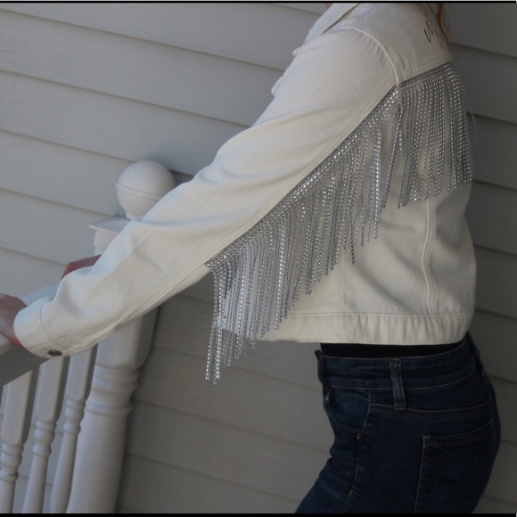 Handmade to order! Bridal denim jean jacket with rhinestone fringe - Picture 6 of 8